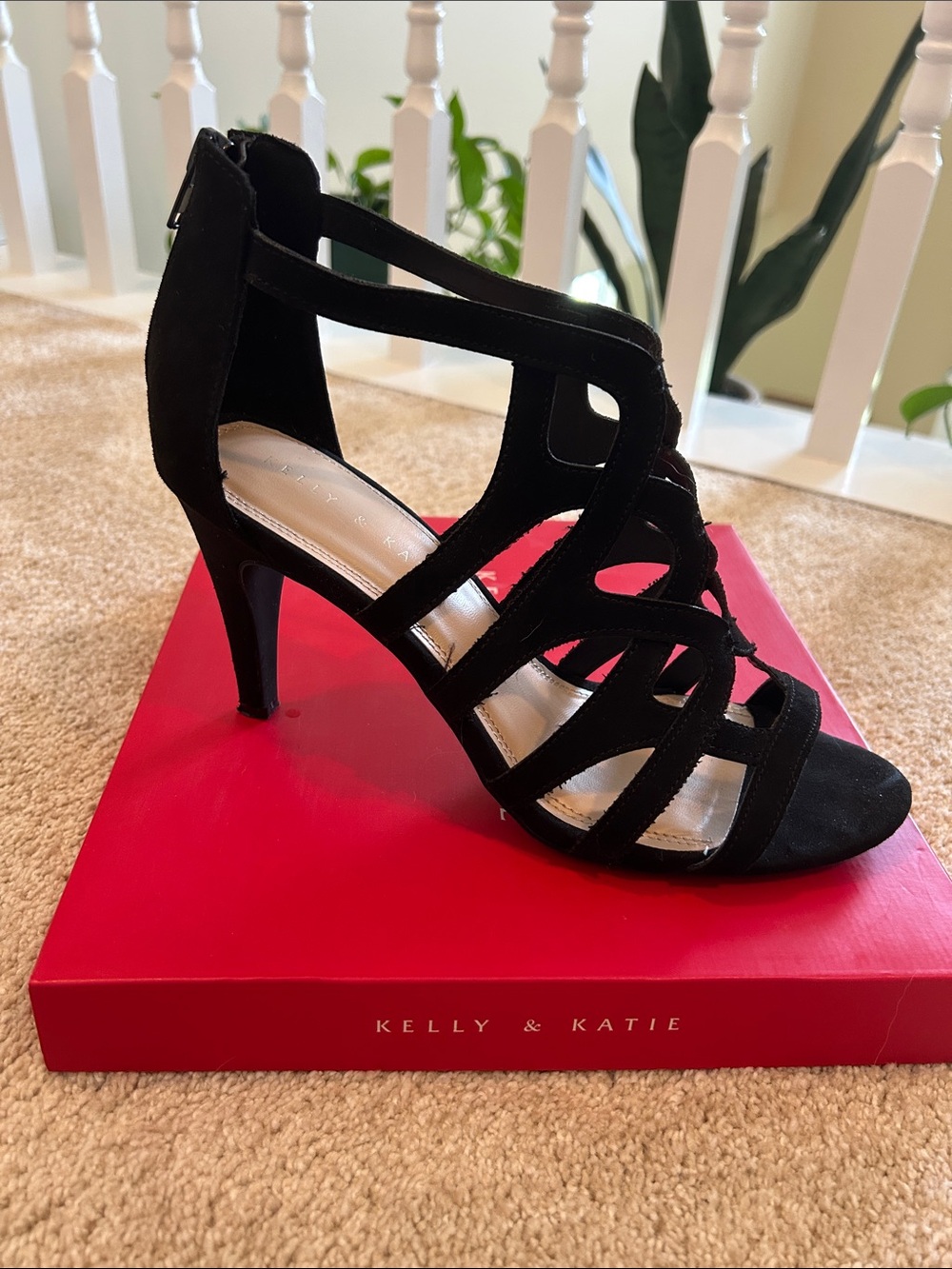 Kelly & Katie Black Suede Strappy Mid Heel Sandals
